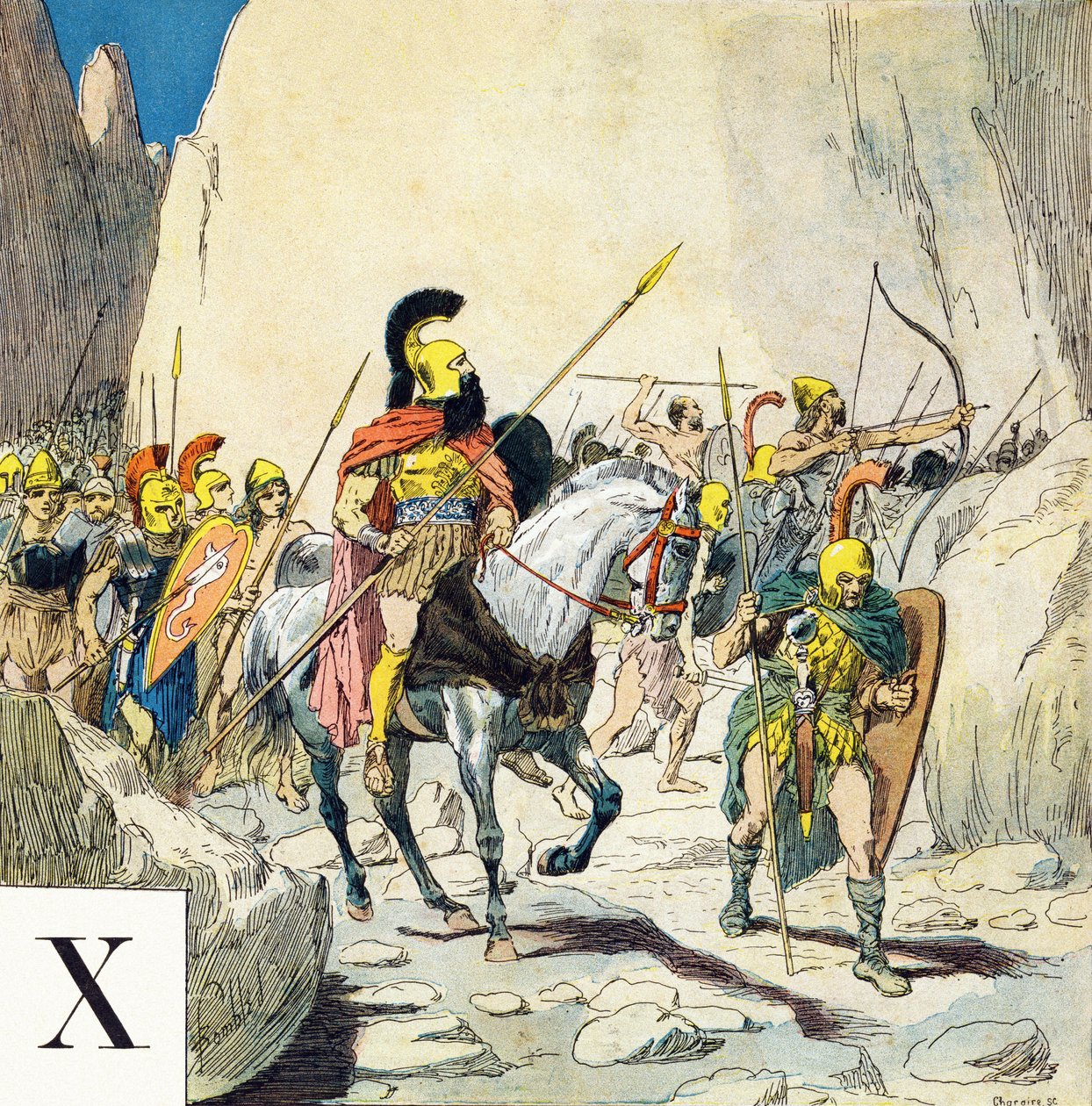 X harfi: Xenophon (MÖ 430-355), Yunan askeri lideri ve ordusu, "Je serai soldat”( Asker olacağım) - Askeri alfabe by Louis Charles Bombled