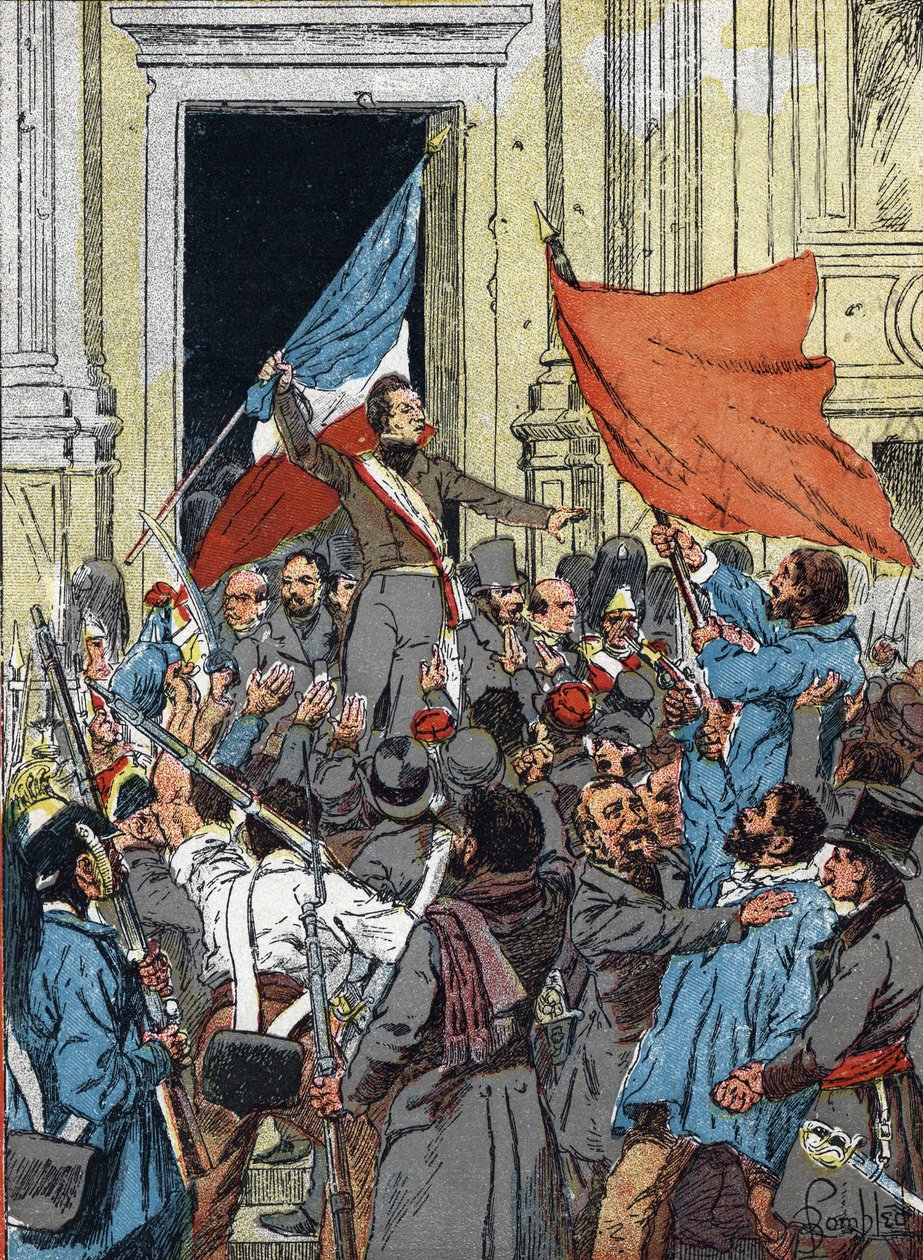 İkinci Cumhuriyetin İlanı, 1848 Devrimi: Alphonse de Lamartine (1790-1869), kırmızı bayrağı Cumhuriyetin amblemi olarak reddederek ve onu üç renkli bayrağı tercih ederek, Paris Belediye Binası