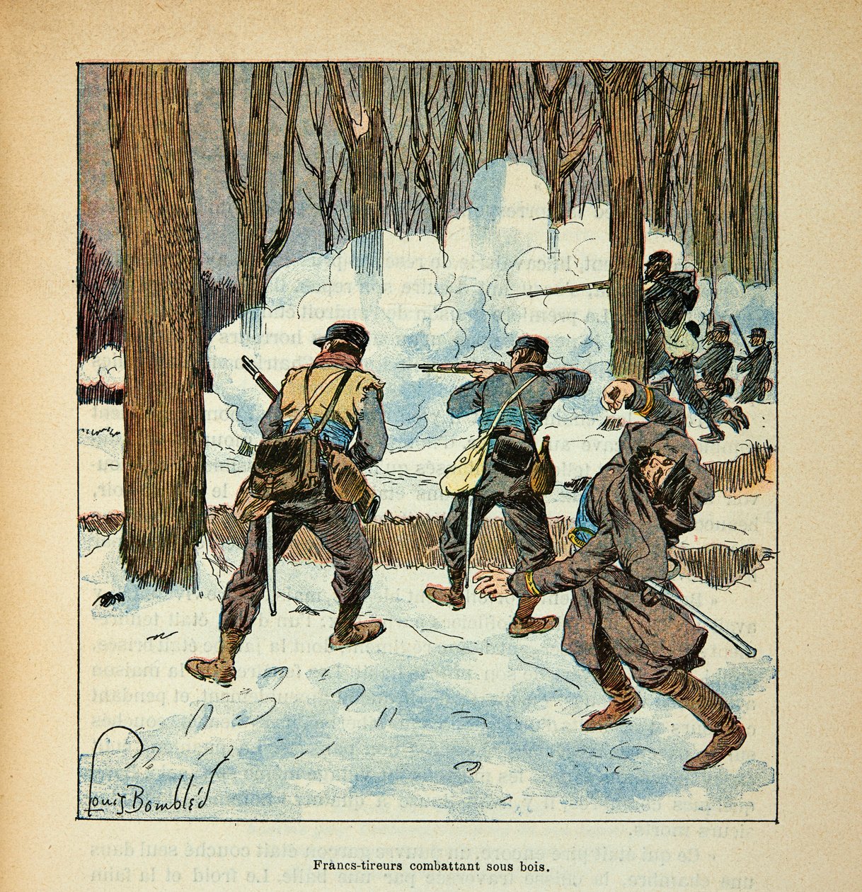 The Armee of the Loire by Eugene Sergent, known as Grenest, illustrated by Louis Bombled (1862-1927) (Franco-German War; campaign of 1870 -1871): Francs shooters French fighter under wood, Private Collection by Louis Charles Bombled