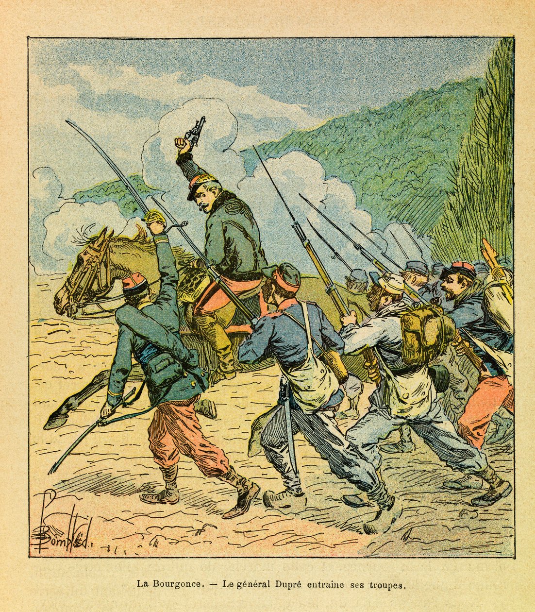 Eugene Çavuş'un Doğu Ordusu, dit Grenest, Louis Bombled (1862-1927) (Fransız-Alman Savaşı; 1870-1871 seferi) tarafından resmedildi: General Dupre, adamlarının başını Ekim 1870'de La Bourgonce Savaşı'nda aldı, Özel koleksiyon by Louis Charles Bombled