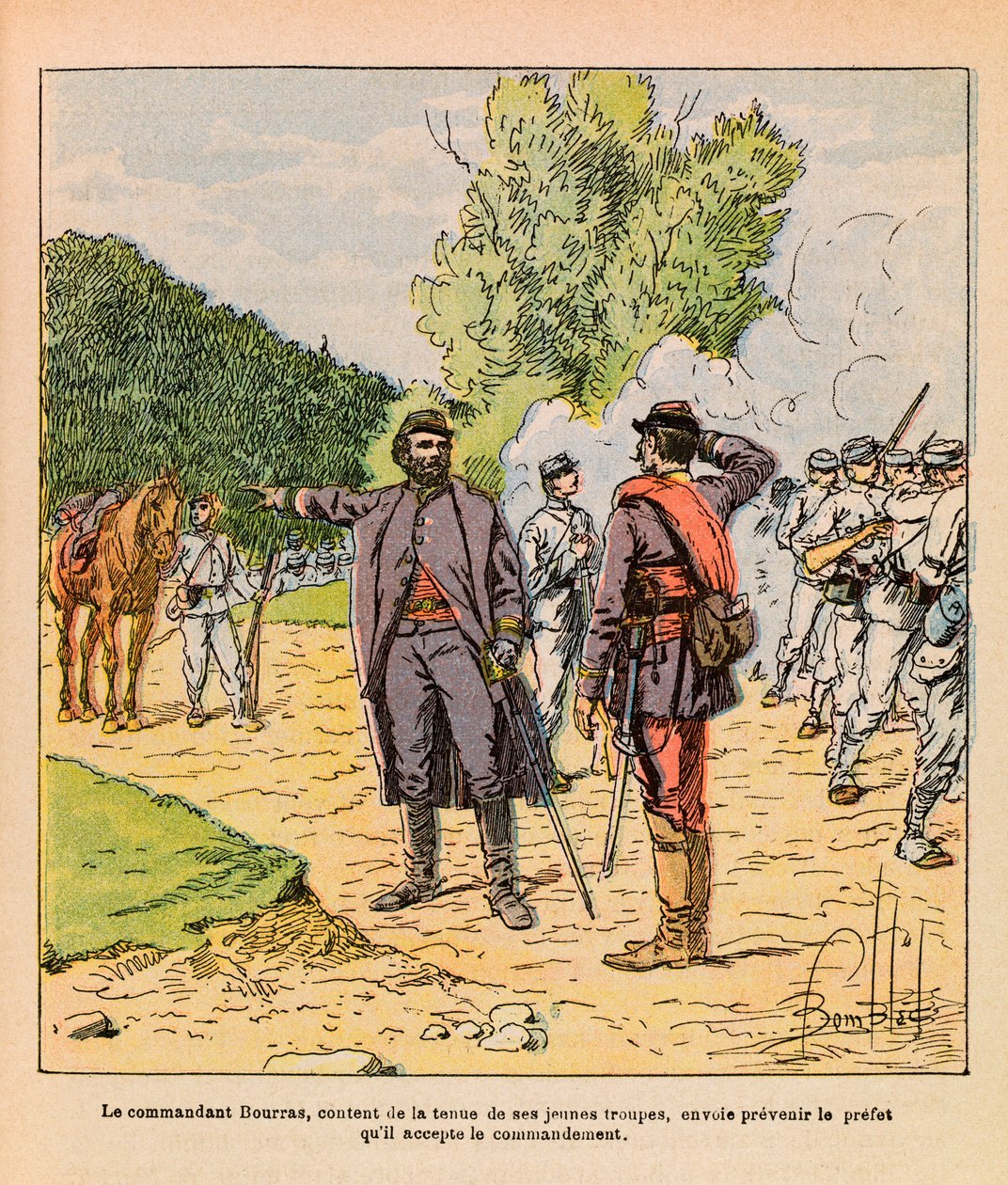 The Eastern Armee of Eugene Sergeant, dit Grenest, illustrated by Louis Bombled (1862-1927) (Franco-German War; campaign of 1870-1871): Colonel Bourras during the Brouvelieures fighting in October 1870, Private Collection by Louis Charles Bombled