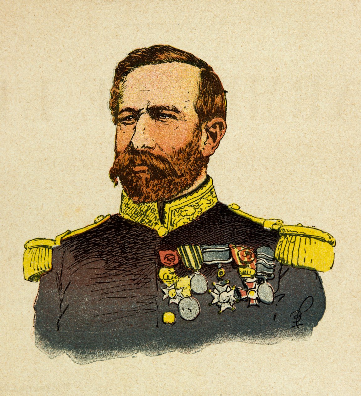 The Eastern Armee of Eugene Sergeant, known as Grenest, illustrated by Louis Bombled (1862-1927) (Franco-German War; campaign of 1870 -1871): Portrait of General Bourbaki (1816-1897), Private Collection by Louis Charles Bombled