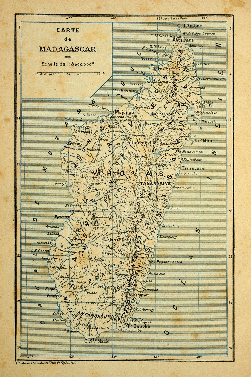 The War in Madagascar-Anecdotal History of the French Expeditions of 1885-1895 by Henri Galli dit Galllichet (1854-1922), illustrated by Louis Bombled (1862-1927): Map of Madagascar, Private Collection by Louis Charles Bombled