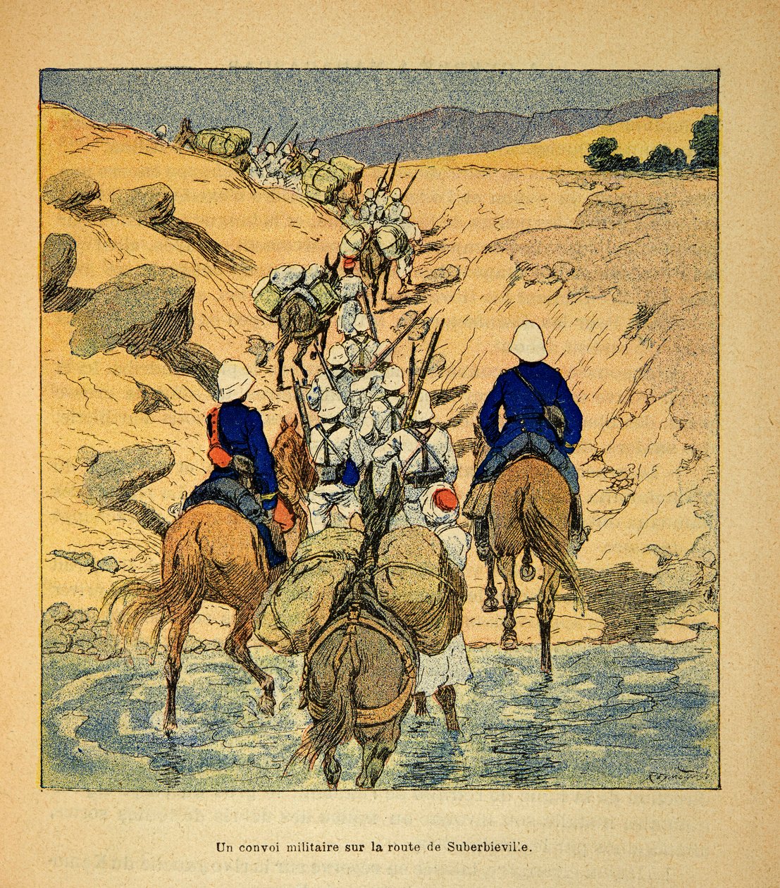Stríðið í Madagaskar-Anecdotal History of the French Expeditions of 1885-1895 by Henri Galli dit Galllichet (1854-1922), illustrated by Louis Bombled (1862-1927): Construction of road in Madagascar by Genie in 1895, Private Collectionturki by Louis Charles Bombled