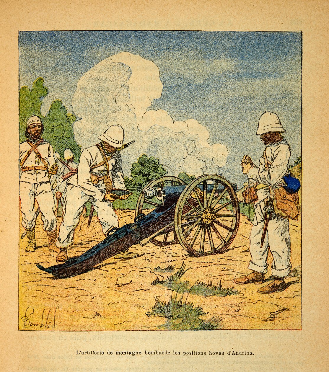 The War in Madagascar-Anecdotal History of the French Expeditions of 1885-1895 by Henri Galli dit Galllichet (1854-1922), illustrated by Louis Bombled (1862-1927): The mountain artillery bombarded the positions Hovas a Andriba in 1895, Private Collection by Louis Charles Bombled