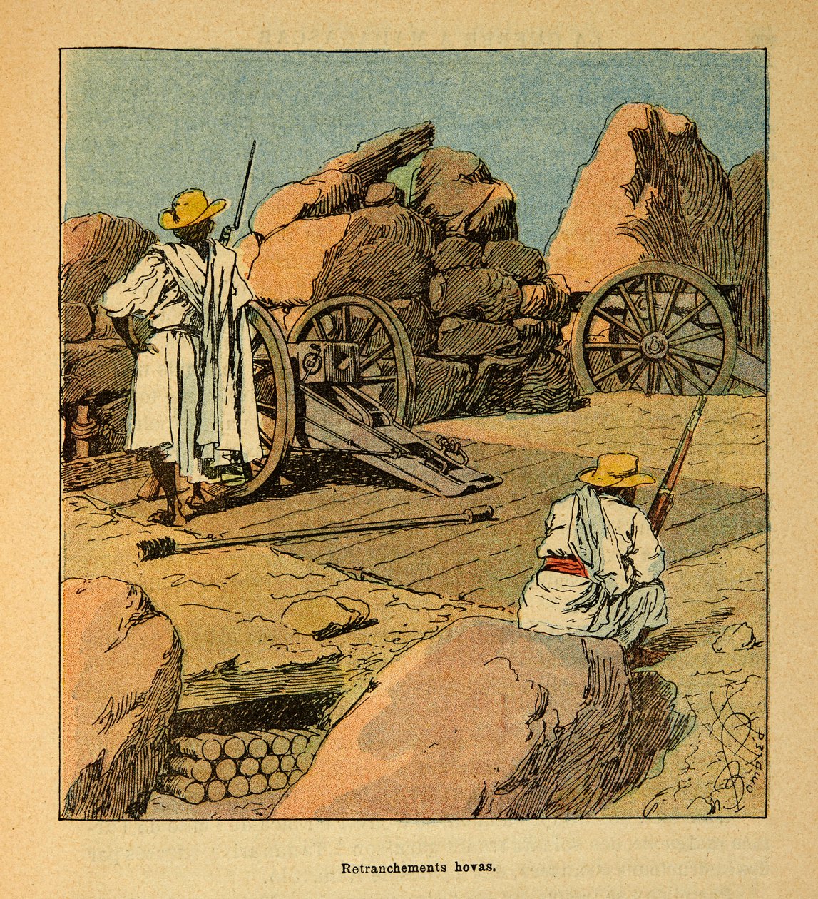 The War in Madagascar-Anecdotal History of the French Expeditions of 1885-1895 by Henri Galli dit Galllichet (1854-1922), illustrated by Louis Bombled (1862-1927): Retrenchment of Hovas troops in 1895 in Tananarive, Private Collection by Louis Charles Bombled
