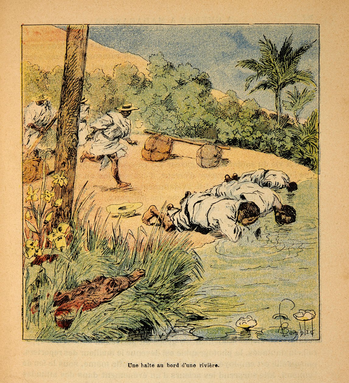 The War in Madagascar-Anecdotal History of the French Expeditions of 1885-1895 by Henri Galli dit Galllichet (1854-1922), illustrated by Louis Bombled (1862-1927): A stop by the river in 1895, Private Collection by Louis Charles Bombled