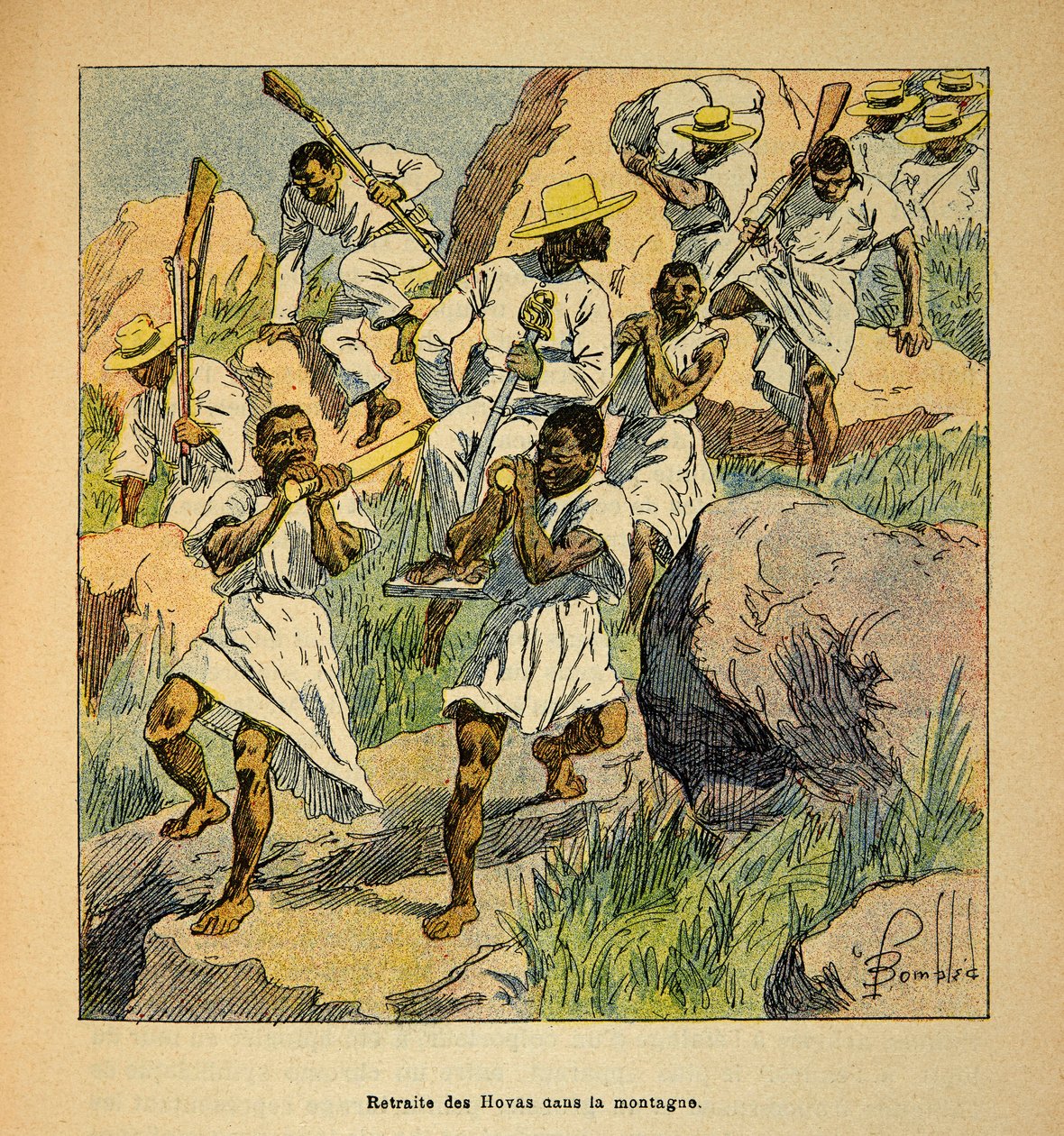 The War in Madagascar-Anecdotal History of the French Expeditions of 1885-1895 by Henri Galli dit Galllichet (1854-1922), illustrated by Louis Bombled (1862-1927): Retreat of Hovas Troops in the Mountains, Private Collection by Louis Charles Bombled