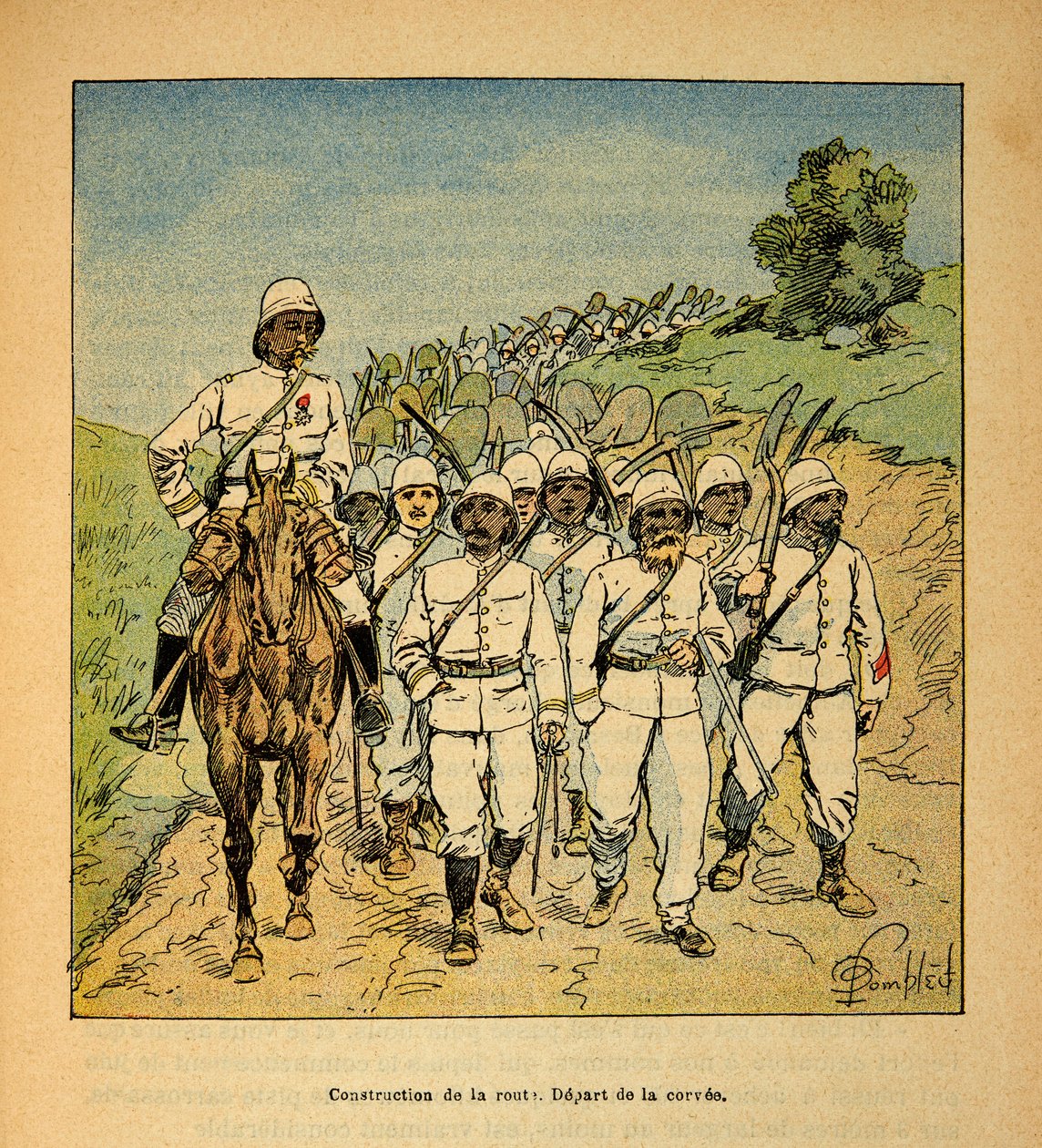 The war in Madagascar-Anecdotal history of the French expeditions of 1885-1895 by Henri Galli dit Galllichet (1854-1922), illustrated by Louis Bombled (1862-1927): Construction of a road in Madagascar, beginning of the corvee, Private collection by Louis Charles Bombled