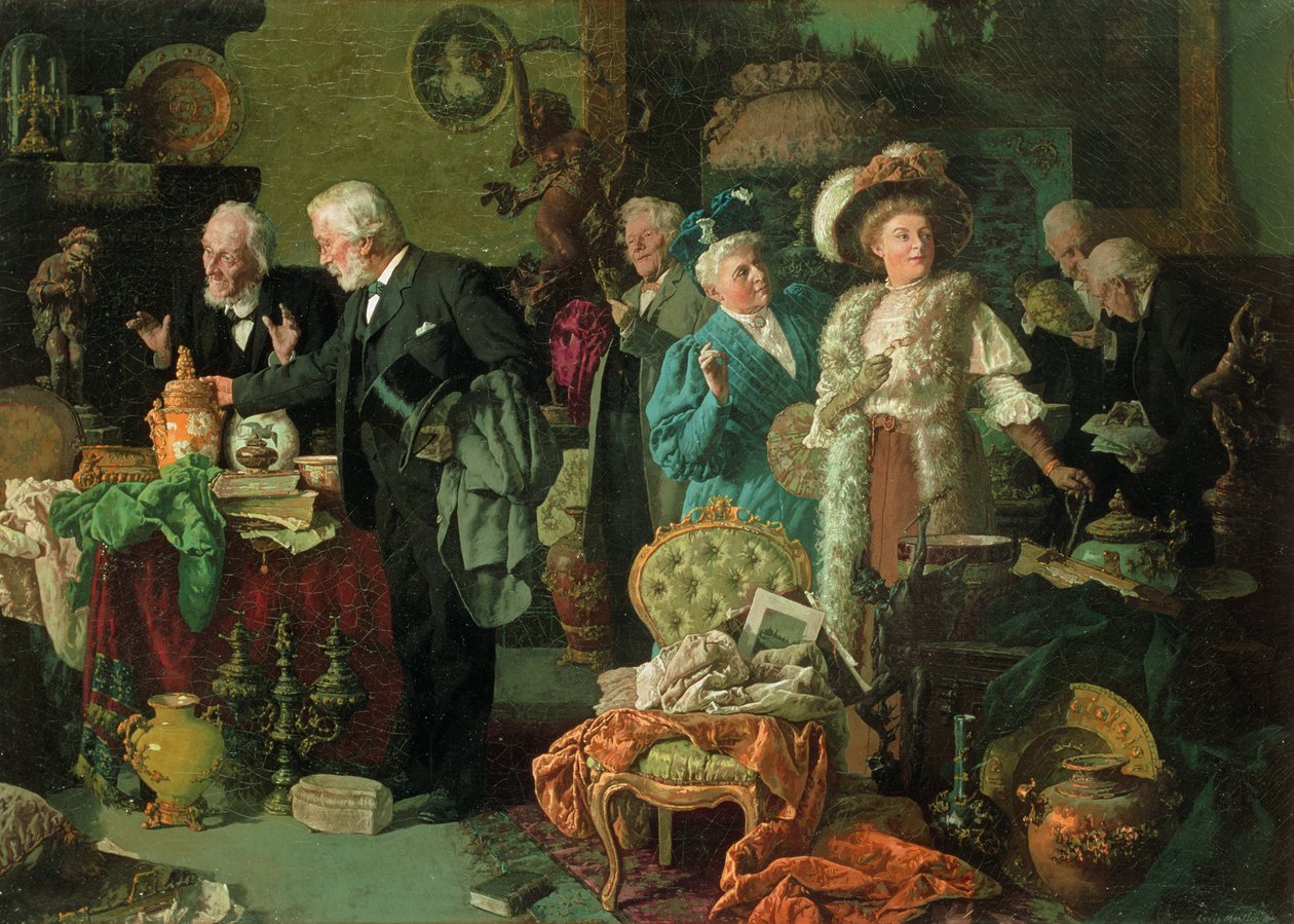 Antika Dükkanında Bilenler (tuval üzerine yağlı boya) by Louis Charles Moeller