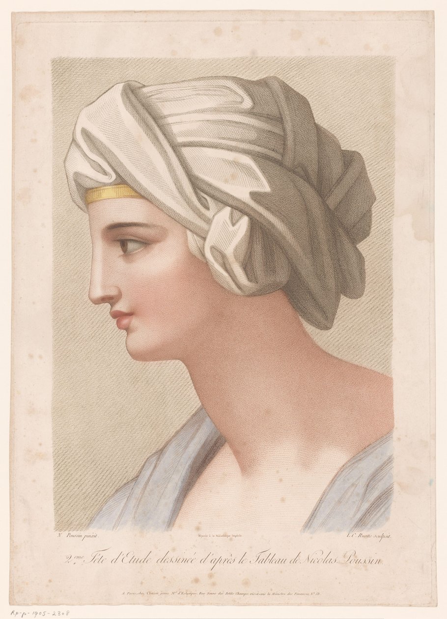 Başına bezle sarılmış bir kadın büstü 2eme Fête d'Etude dessinée d'après le Tableau de Nicolas Poussin (nesnedeki başlık) by Louis Charles Ruotte