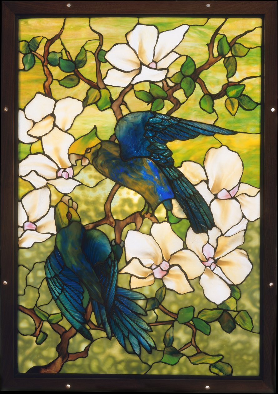 Hibiscus and Parrots, c.1910-20 (kurşunlu kırılgan cam) by Louis Comfort Tiffany