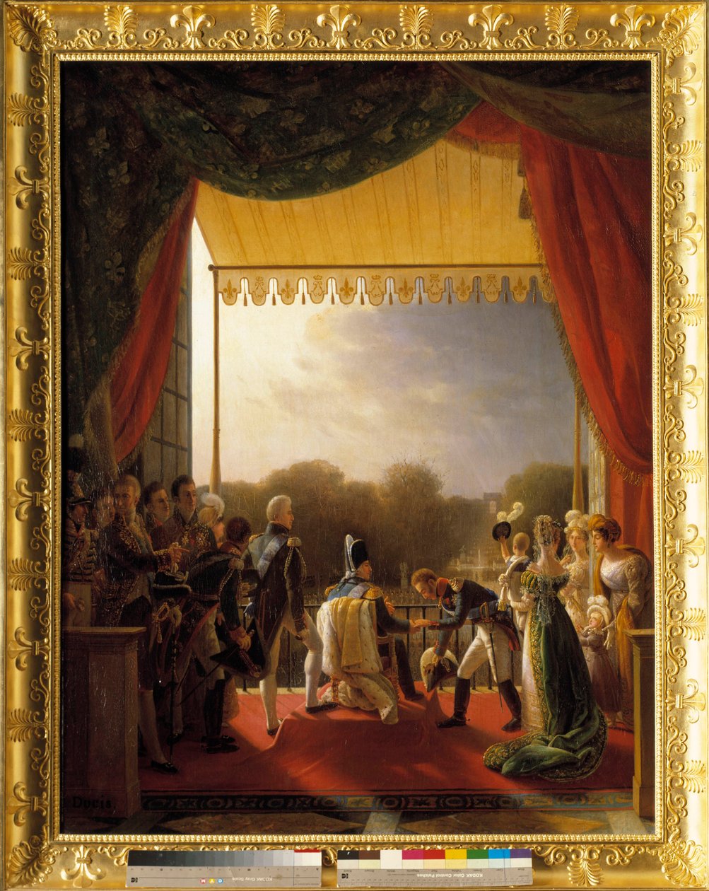 Kraliyet ailesinin üyeleri tarafından çevrili Louis XVIII, İspanya ordusunun dönüşü üzerine Tuileries