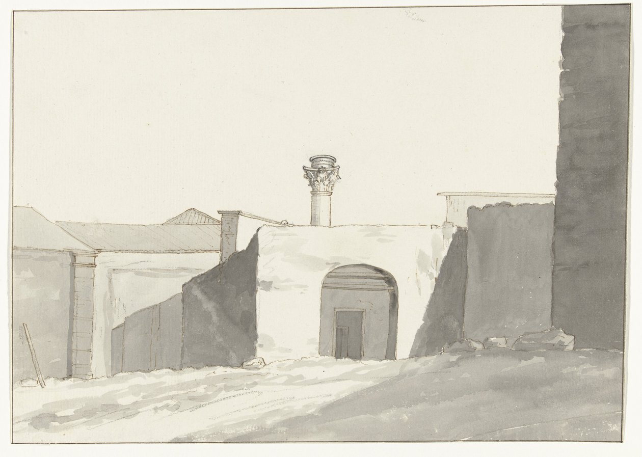 Antieke zuil en gebouwen cenneti van Brindisi Antik Sütunun Uzak Görünümü [Brindisi limanı üzerinden] İtalya, Sicilya ve Malta'da Yolculuk - 1778 (dizi başlığı) by Louis Ducros