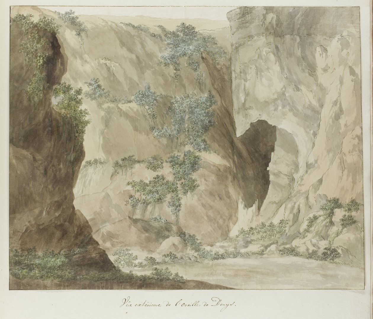 Buitenwand van de grot Dionysius'un kulağı Dionysius'un kulağının dış görünümü (nesne üzerindeki başlık) İtalya, Sicilya ve Malta'da seyahatler - 1778 (dizi başlığı) by Louis Ducros