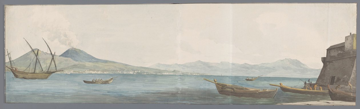 Gezicht op Vesuvius en kust van Portici vanaf hoek van Castel dell'Ovo Vezüv ve Portici sahilinin görünümü, Yumurta Kalesi'nin köşesinden alınmıştır (nesne üzerindeki başlık) İtalya, Sicilya ve Malta'da Seyahatler - 1778 ( dizi başlığı ) by Louis Ducros