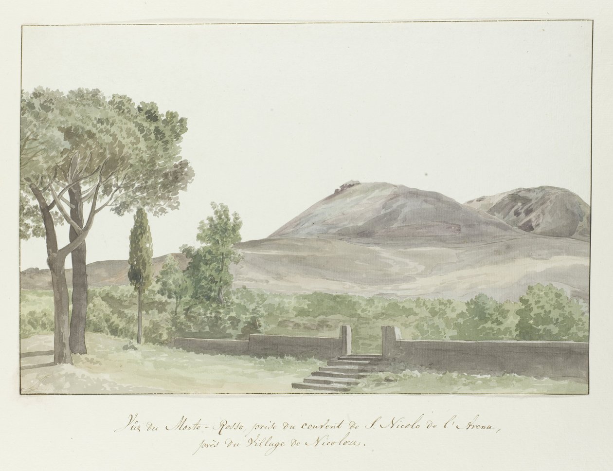Nicolosi Vue du Monte-Rosso yerinin yakınındaki San Nicolo d'Arena manastırındaki Monto Rosso'nun görünümü, ödül du couvent de S. Nicolo de l'Arena, près de Village de Nicoloze (nesne üzerindeki başlık) Voyage en İtalya, ve Sicile et a Malte -  by Louis Ducros
