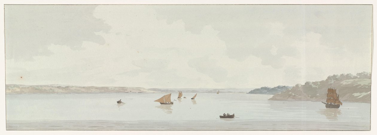 Gezicht op een deel van het Mare Piccolo Eski köprünün bulunduğu yer olan Mare Piccolo'nun bir kısmının görünümü, Galesus'un ağzı (nesne üzerindeki başlık) İtalya, Sicilya ve Malta'da seyahatler - 1778 ( dizi başlığı) by Louis Ducros