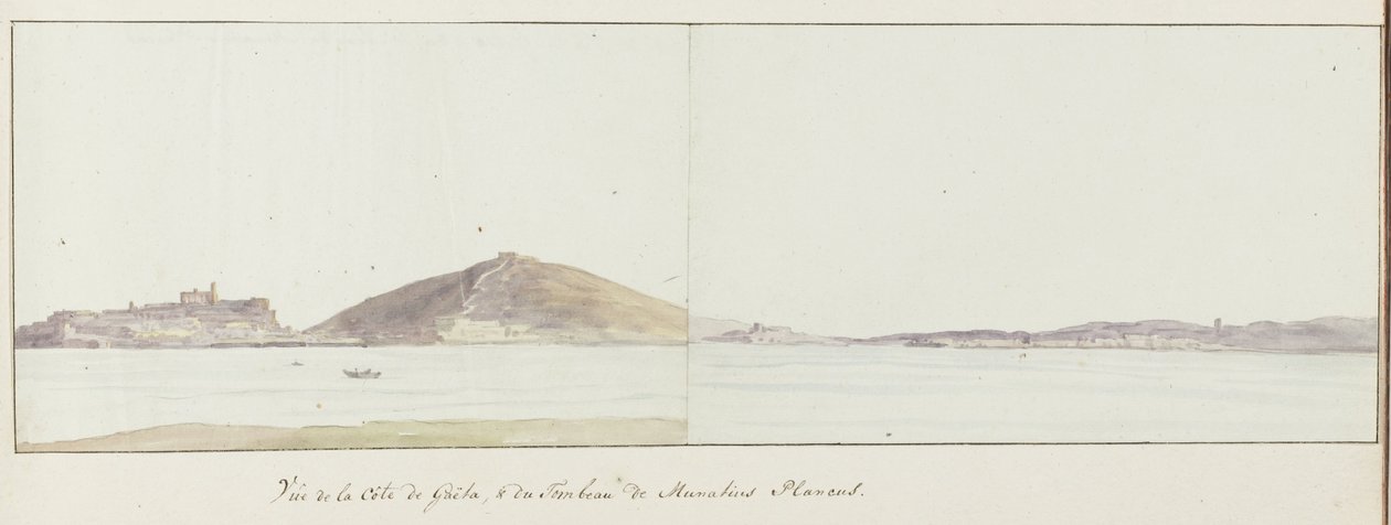 Gezicht op kust van Gaeta en mozole van Munatius Plancus (Lucio Munazio Planco) Vue de la côte de Gaëta ve du Tombeau de Munatius Plancus (nesne üzerindeki başlık) Voyage en Italie, en Sicile et à Malte - 1778 (seri başlığı) by Louis Ducros