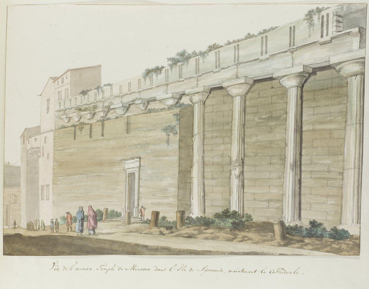 Gezicht op oude Minerva tempel op eiland Syracuse Syracuse Adası'ndaki Antik Minerva Tapınağı'nın görünümü (nesne üzerindeki başlık) Voyage en Italie, en Sicily et à Malte - 1778 (dizi başlığı) by Louis Ducros
