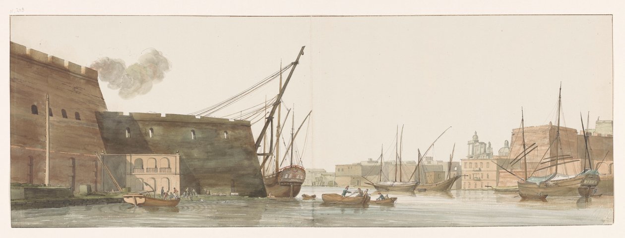 Haven van galei schepen te Malta'da Gezicht op werf Malta'daki Galleys limanındaki tersanenin görünümü (nesne üzerinde başlık) İtalya, Sicilya ve Malta'da seyahatler - 1778 (dizi başlığı) by Louis Ducros