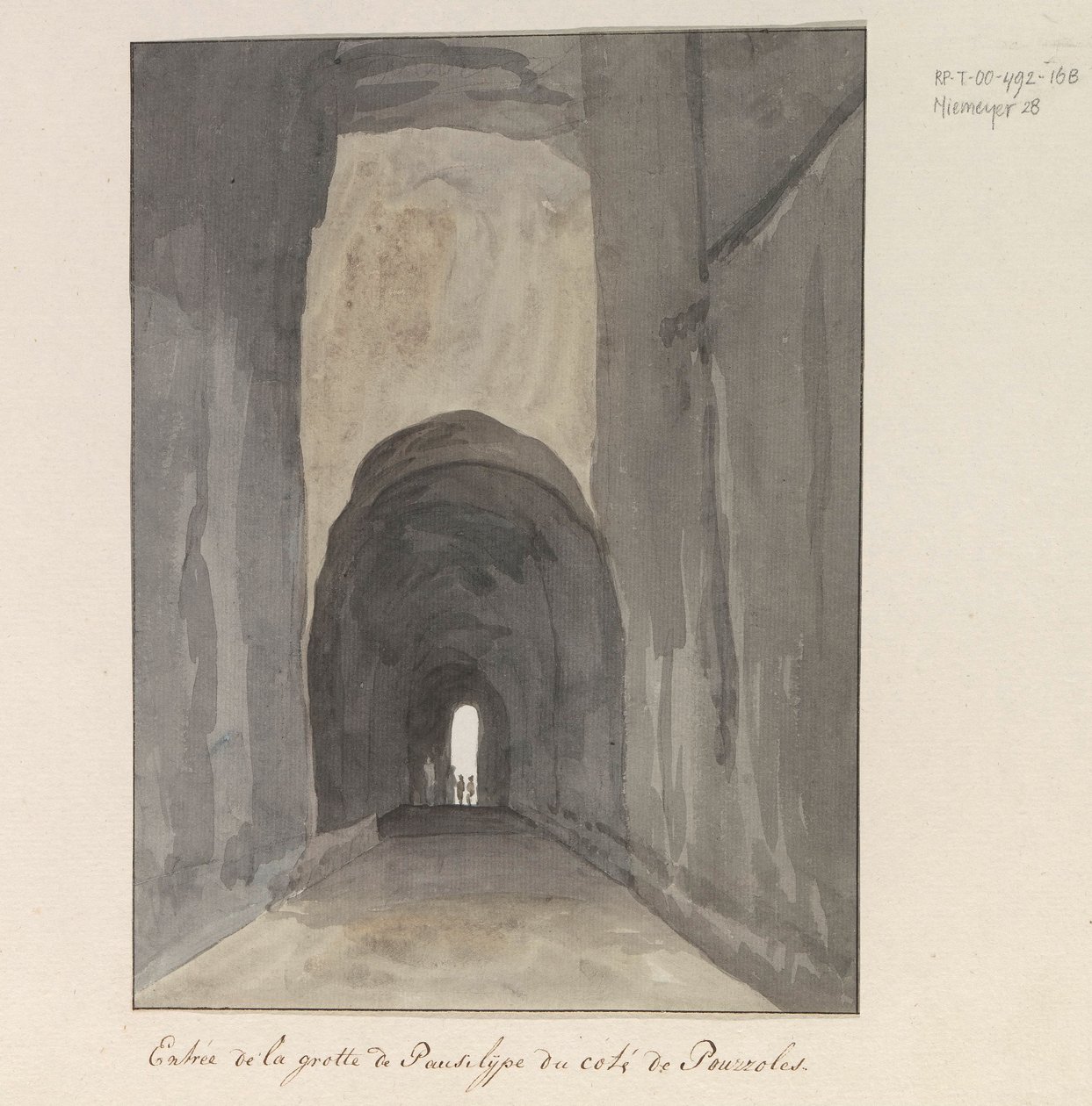 Ingang van grot Crypta Neapolitana (Grotta di Posillipo'dan) aan de kust van Pozzuoli Pozzuoli tarafından Pausilype Mağarası'na giriş (nesne üzerindeki başlık) İtalya, Sicilya ve Malta'da Seyahatler - 1778 (dizi başlığı) by Louis Ducros