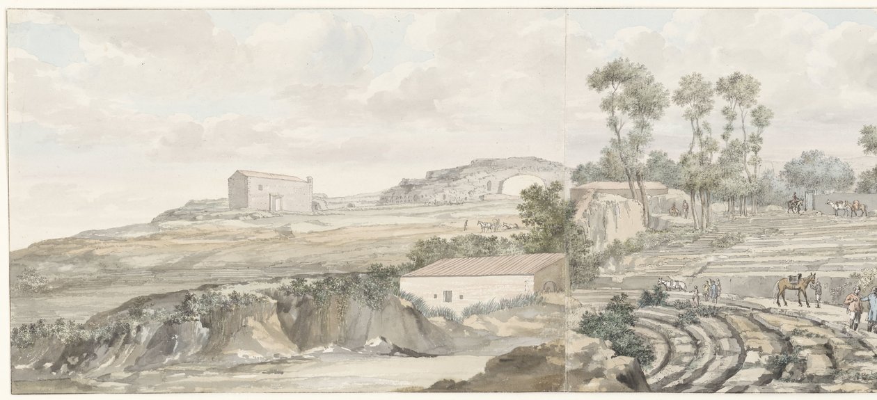 Interieur, Syracuse'da trappen van tiyatrosu ile buluştu Syracuse Tiyatrosu'nun iç ve tribünlerinin görünümü (nesne üzerine başlık) İtalya, Sicilya ve Malta'da Seyahatler - 1778 (dizi başlığı) by Louis Ducros
