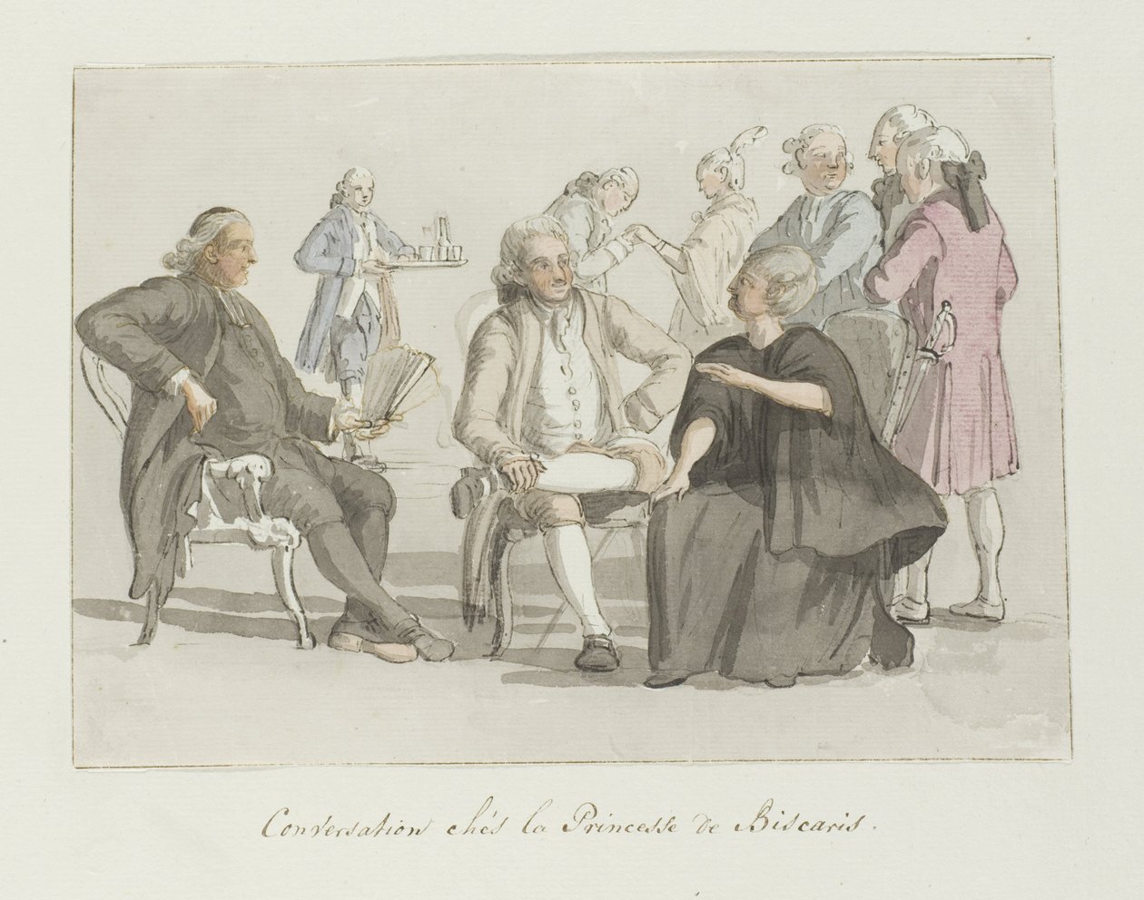 Biscaris Conversation chés la Princesse de Biscaris (nesne üzerindeki başlık) prensesi ile sohbet eden seyahat eden grubun üyeleri Voyage en Italie, en Sicile et à Malte - 1778 (seri başlığı) by Louis Ducros