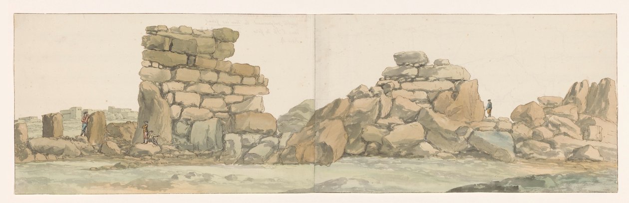 Anıtı van Feniciërs of Carthagen op eiland Gozo Fenike veya Kartaca Anıtı, kabaca Ghozo adasında Devler Kulesi olarak adlandırılır (nesne üzerindeki başlık) İtalya, Sicilya ve Malta'da Seyahatler - 1778 (dizi başlığı) by Louis Ducros
