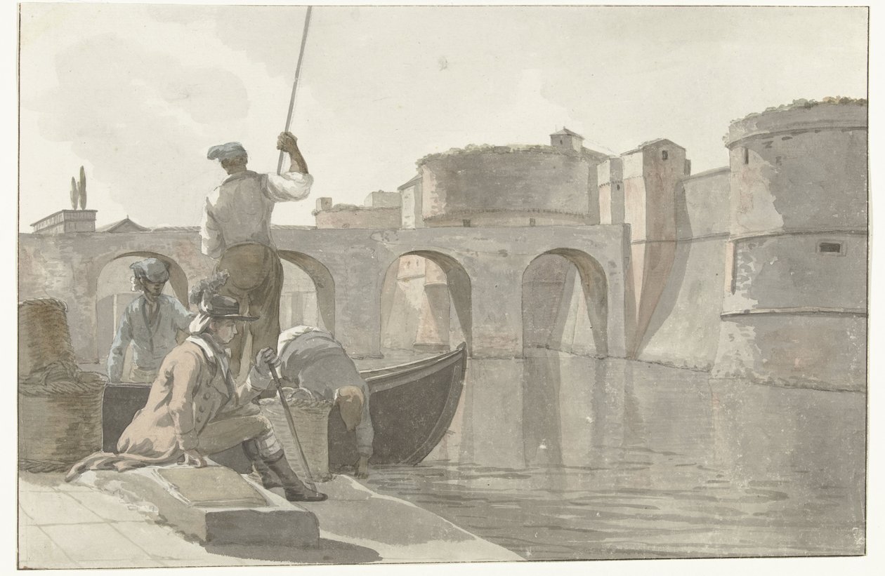 Nieuwe vestingsgracht van de vestingwerken Taranto'da Taranto Kalesi'nin Yeni Hendeğinin Görünümü (nesne üzerindeki başlık) İtalya, Sicilya ve Malta'da Seyahatler - 1778 (dizi başlığı) by Louis Ducros