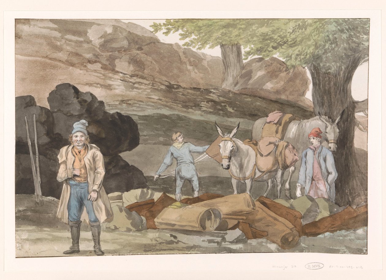 Oponthoud bij de Grotte delle Capre aan de grens bij Nemorosa tr Fredda Nemorosa ve Fredda bölgesinin iki sınırındaki Grotte delle Capre'de Dur (nesne üzerinde başlık) İtalya, Sicilya ve Malta Gezisi - 1778 (dizi başlığı) by Louis Ducros