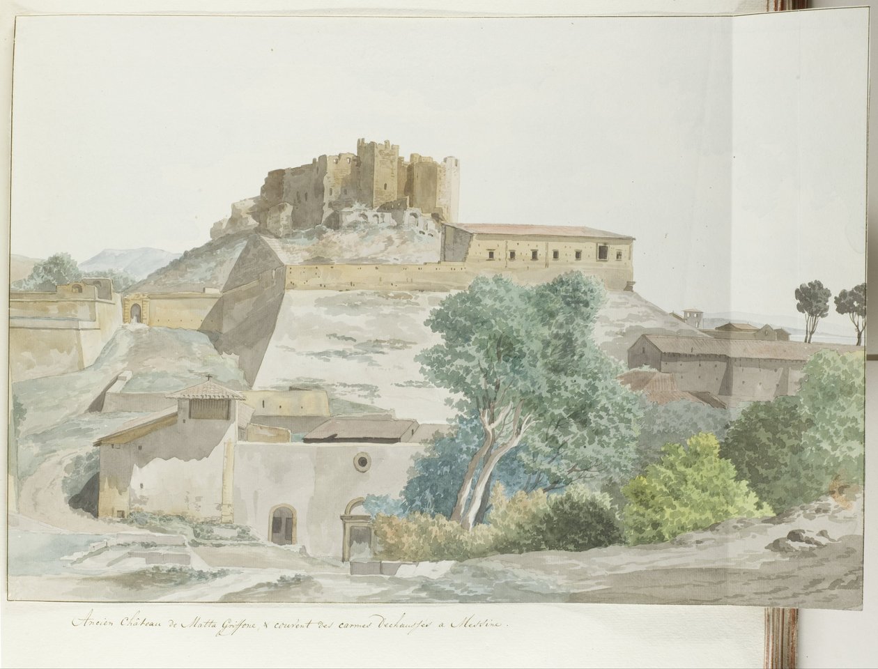 Oude kasteel van Mata en Grifone en het karmelieten klooster, grondvesten van Messina Eski Matta Griffone Kalesi ve Messina'daki Discalced Karmelitler manastırı (nesne üzerinde başlık) İtalya, Sicilya ve Malta'da Seyahatler - 1778 (dizi başlığı) by Louis Ducros