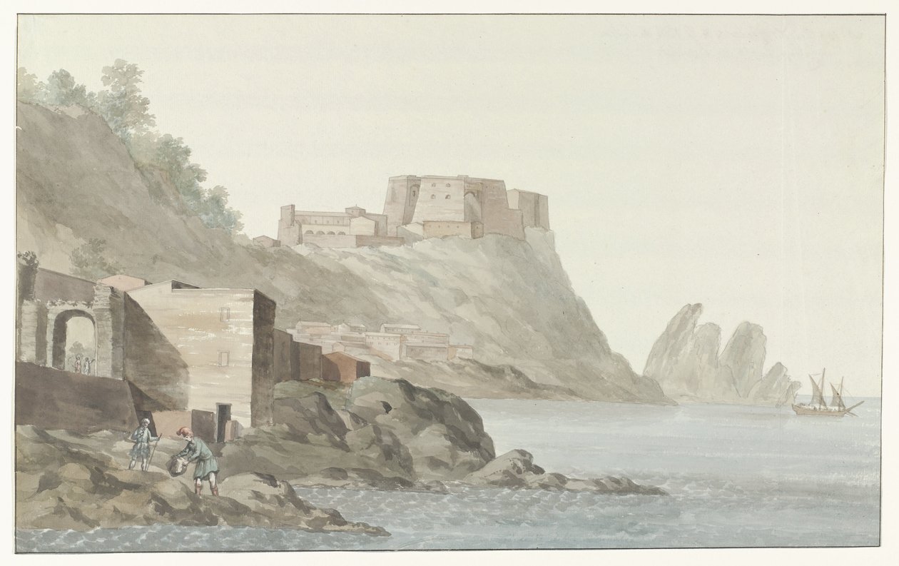 Rots en stad Scilla in de regio Calabrië aan de oostkust Kayası ve Calabria'daki Scilla Şehri; doğu tarafından alınan görünüm (nesne üzerindeki başlık) İtalya, Sicilya ve Malta'da Seyahatler - 1778 (dizi başlığı) by Louis Ducros