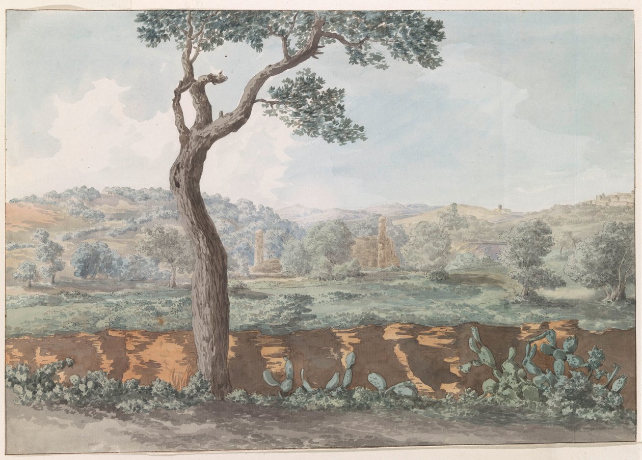 Ruïne van Castor en Pollux tempel binnen muren van oude Agrigento Antik Agrigentum'un muhafazasındaki Castor & Pollux Tapınağı kalıntılarının görünümü (nesne üzerindeki başlık) İtalya, Sicilya ve Malta'da Seyahatler - 1778 (dizi başlığı) by Louis Ducros