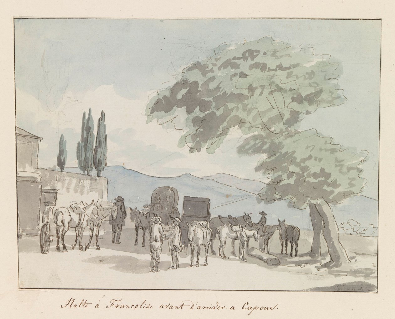 Francolisi voor aankomst in Capua Capua'ya varmadan önce Francolisi'de durun (nesne üzerinde başlık) İtalya, Sicilya ve Malta'da seyahatler - 1778 (dizi başlığı) by Louis Ducros