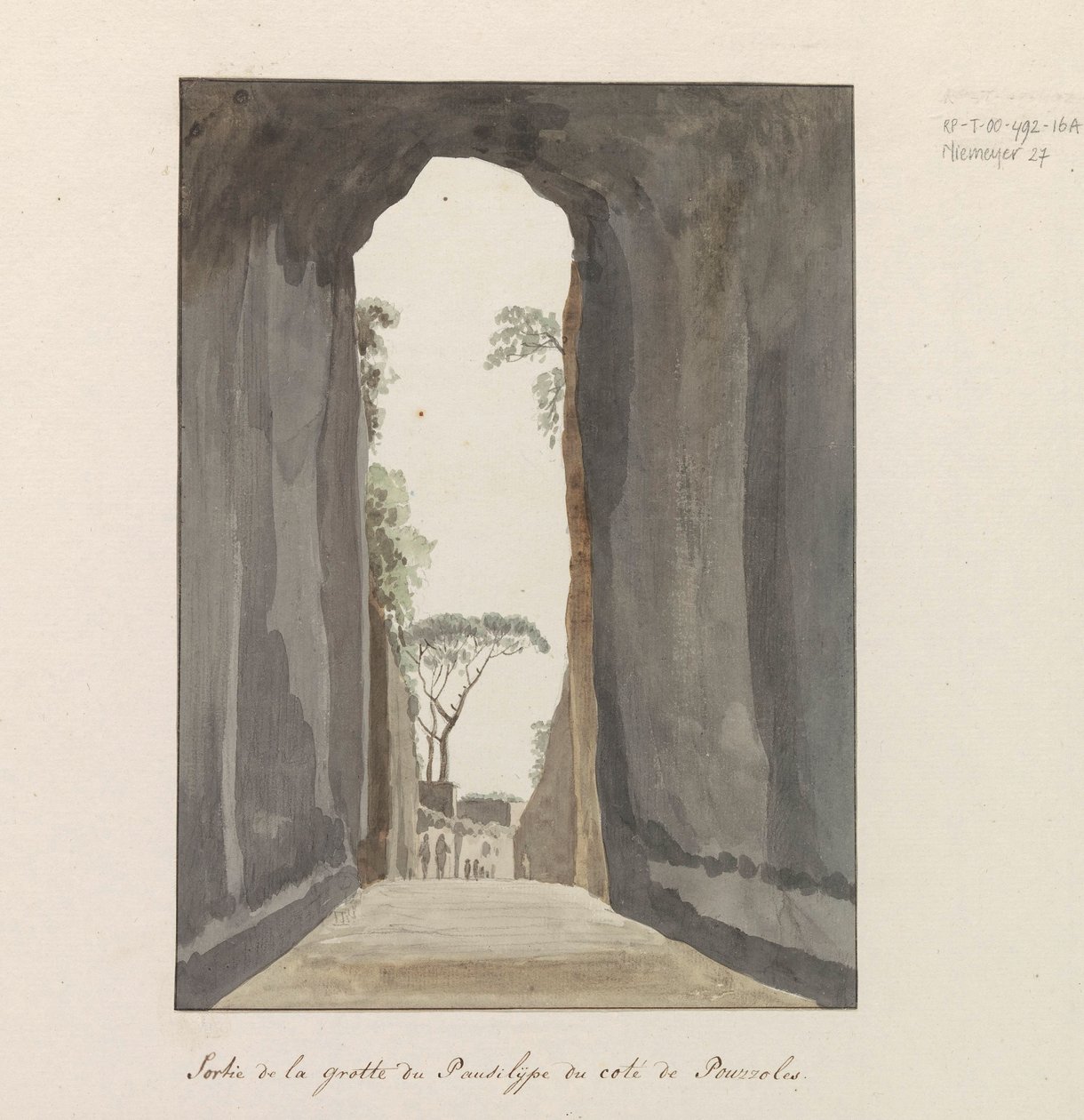 Uitgang van grot Crypta Neapolitana (Grotta di Posillipo'dan) aan de kust van Pozzuoli Pozzuoli yakınlarındaki Pausilype mağarasından çıkış (nesne üzerinde başlık) İtalya, Sicilya ve Malta'da seyahatler - 1778 (dizi başlığı) by Louis Ducros