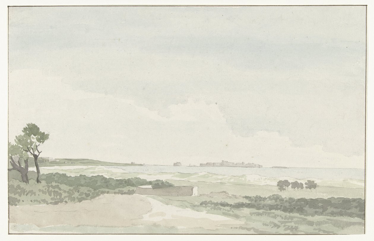 Vergezicht met de stad Gelibolu Gelibolu Şehri'nin Uzak Görünümü (nesne üzerinde başlık) İtalya, Sicilya ve Malta'da Seyahatler - 1778 (dizi başlığı) by Louis Ducros
