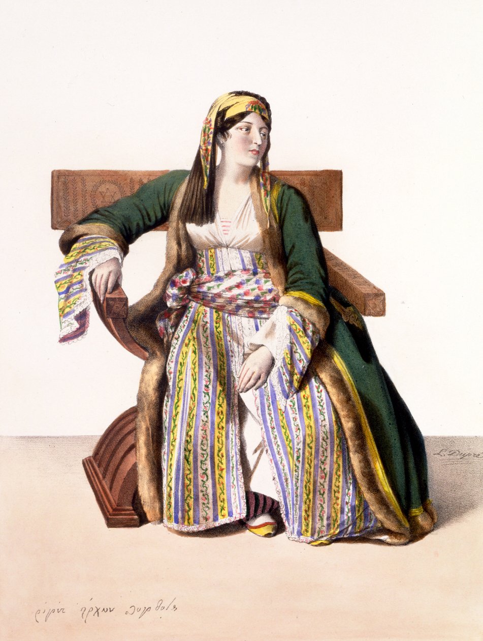 Lemercier tarafından 'Voyage à Athens et a à à Constantinople'dan oyulmuş, Lüferli bir Yunan kadın - Levha XVI, Dupre tarafından yazılmış ve resimlenmiştir, 1828 by Louis Dupré