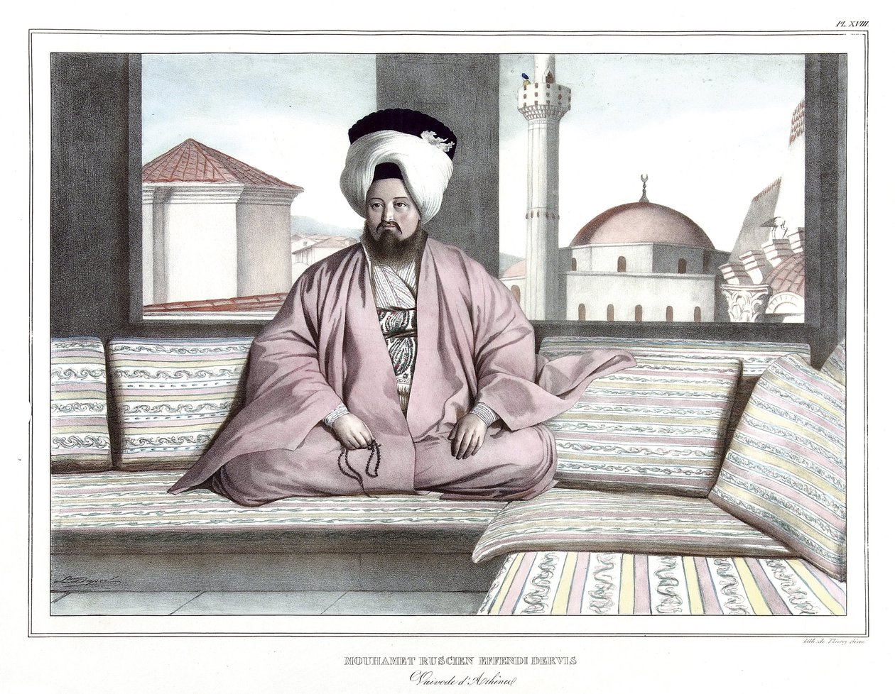Mouhamet Ruscien Efendi Derviş, vaivode d'Athenes. "" Voyage a Athenes and a Constantinople'da ya da Da'nın öğrencisi Louis Dupre (1789-1837) tarafından doğa, litografi ve renkler üzerine boyanmış Yunan ve Osmanlı portreleri, görünüml by Louis Dupré