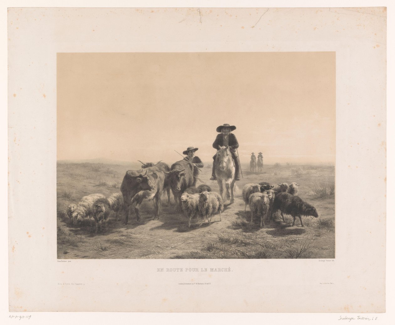 Çiftçi ve çoban pazara giderken inekler ve koyunlarla Yolda le Marché dökün (nesnedeki başlık) by Louis Emmanuel Soulange Teissier
