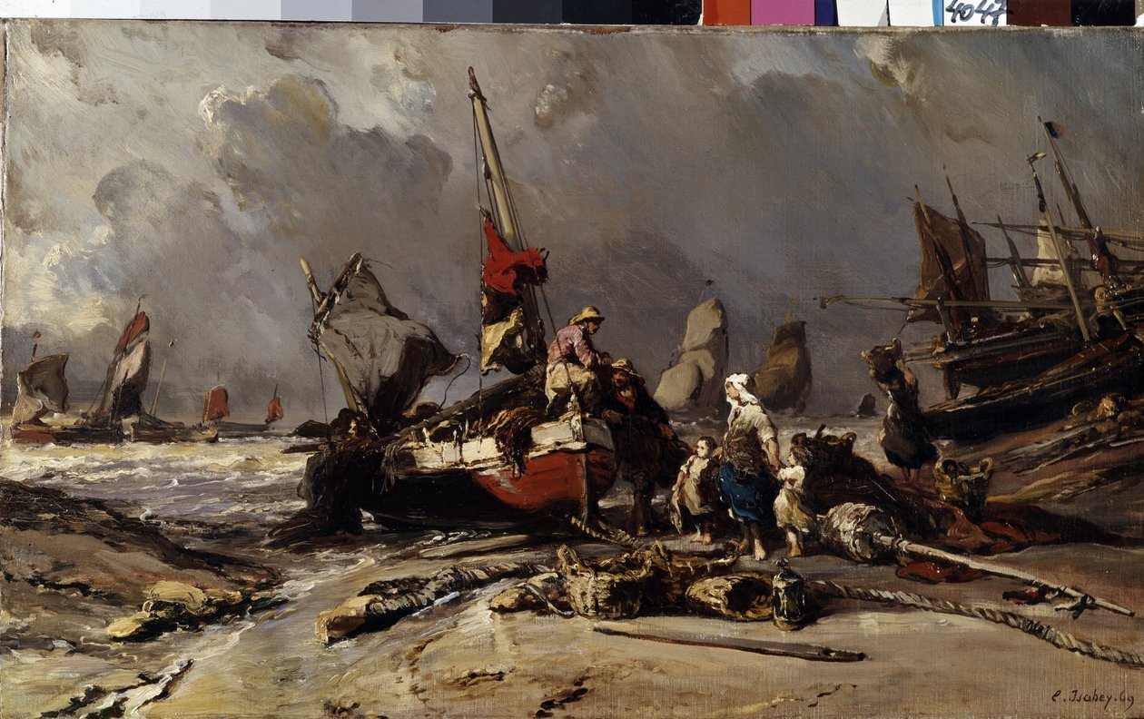 "Fırtınadan Sonra" (Fırtınadan Sonra) Bir balıkçı fırtınadan sonra ailesini bulur. Tablo Louis Gabriel Eugene Isabey (1803-1886) 1869 Dim 36.5x60 cm Ermitaj Müzesi, Sankt Petersburg by Louis Eugene Gabriel Isabey