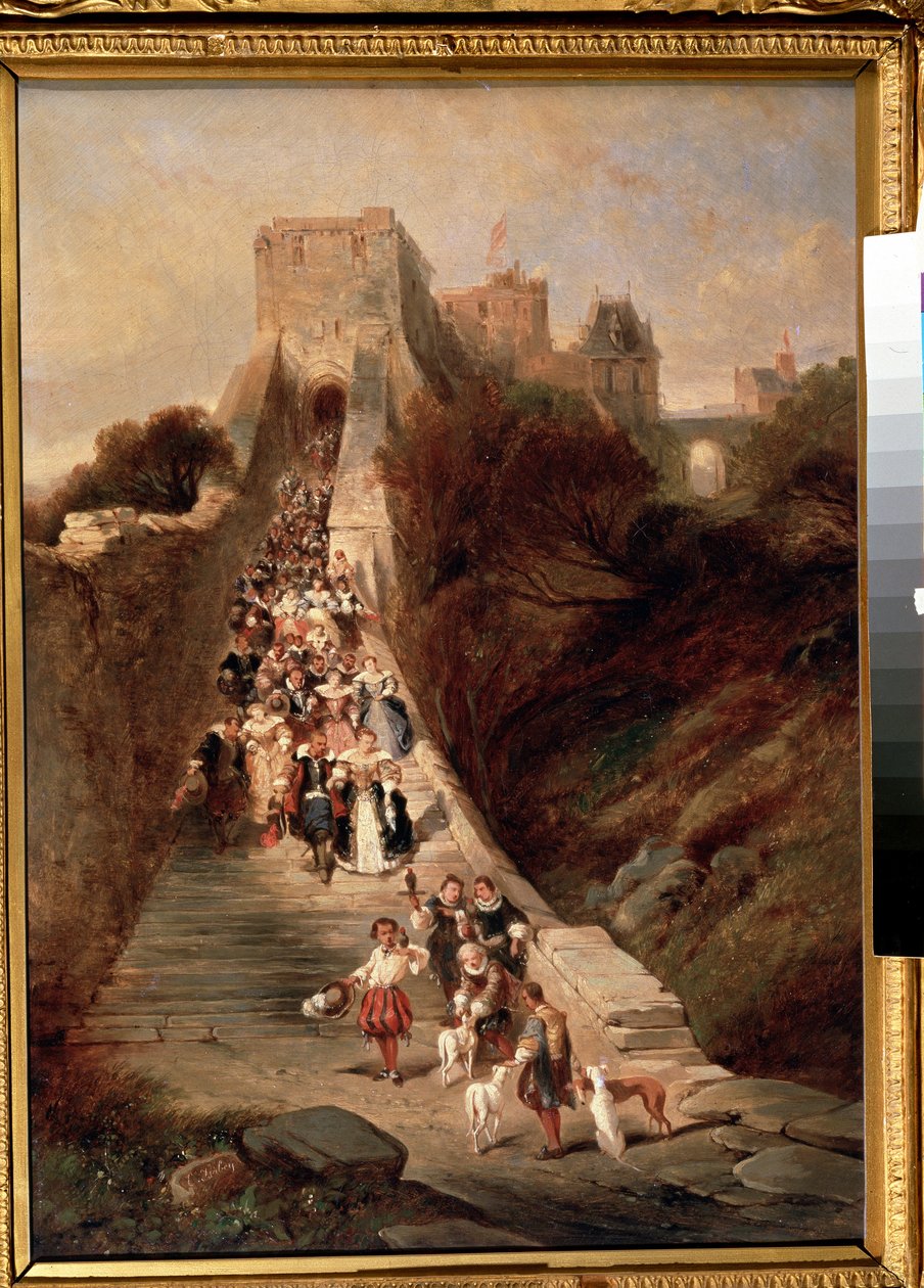 ""Kaleden Ayrılırken" (Kaleden Ayrılırken) Bir kalenin büyük giriş merdiveninden inen 17. yüzyıldan kalma bir grup bey ve hanımefendi. Louis Gabriel Eugene Isabey