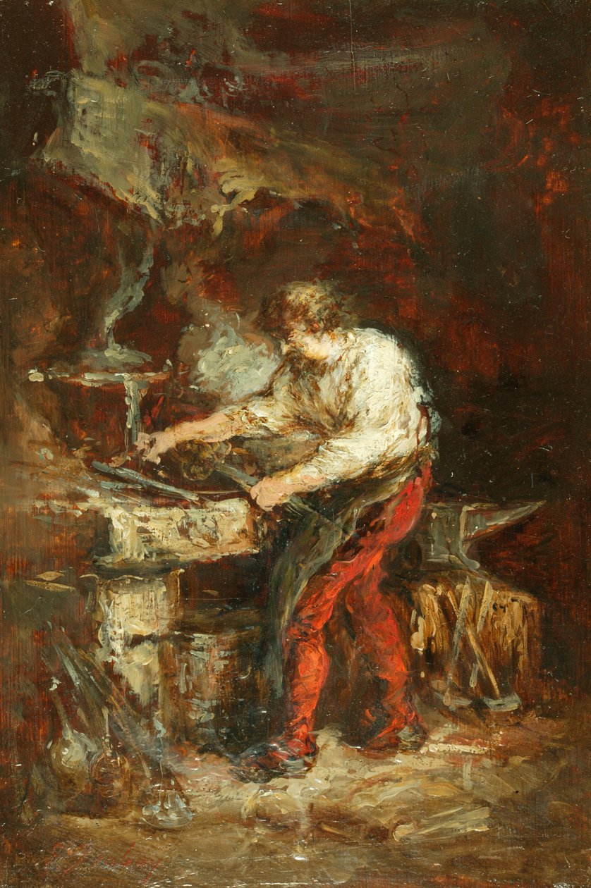 The Smithy (panel üzerine yağ) by Louis Eugene Gabriel Isabey