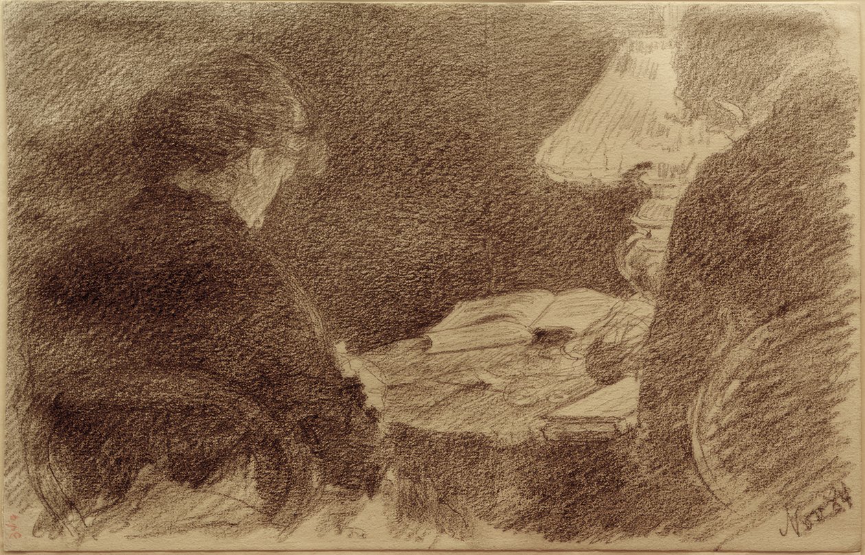 Mary ve Emma Eysen bir masa lambasının altında by Louis Eysen