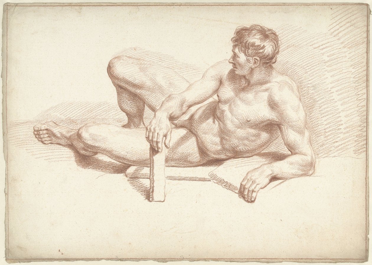 Erkek çıplak, yalan söylüyor, sol koluna yaslanıyor by Louis Fabritius Dubourg