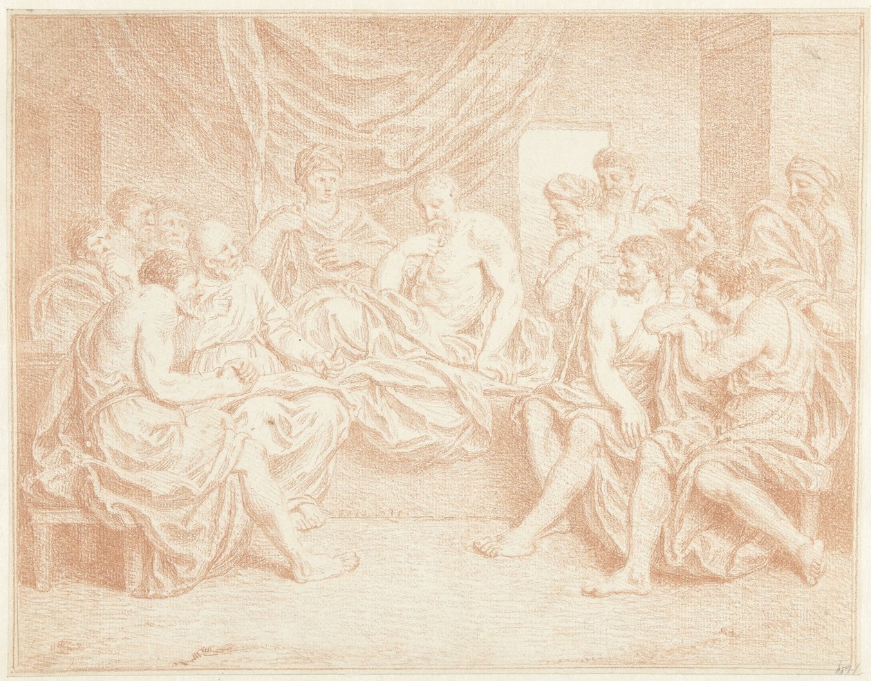 İnsanlar tarafından çevrili yatakta yaşlı adam by Louis Fabritius Dubourg