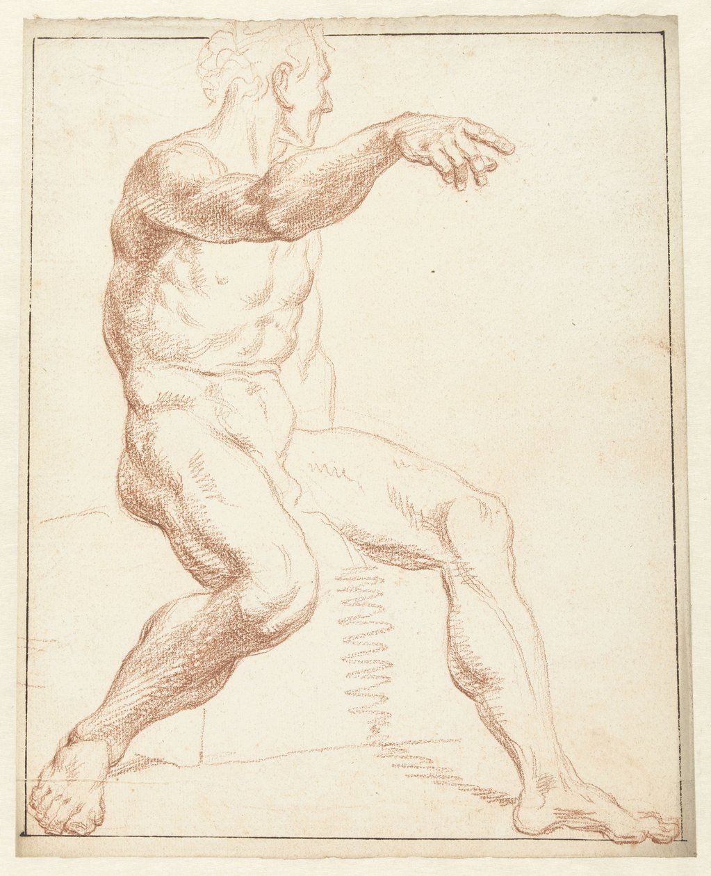 Oturmuş bir çıplak erkek çalışması, sağ kolla işaret ediyor by Louis Fabritius Dubourg