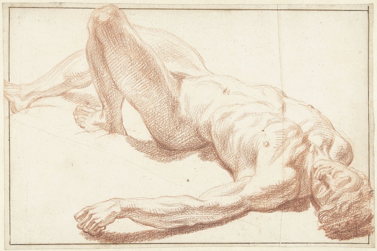 Düz bacaklı, sırt üstü yatan çıplak bir erkek çalışması by Louis Fabritius Dubourg