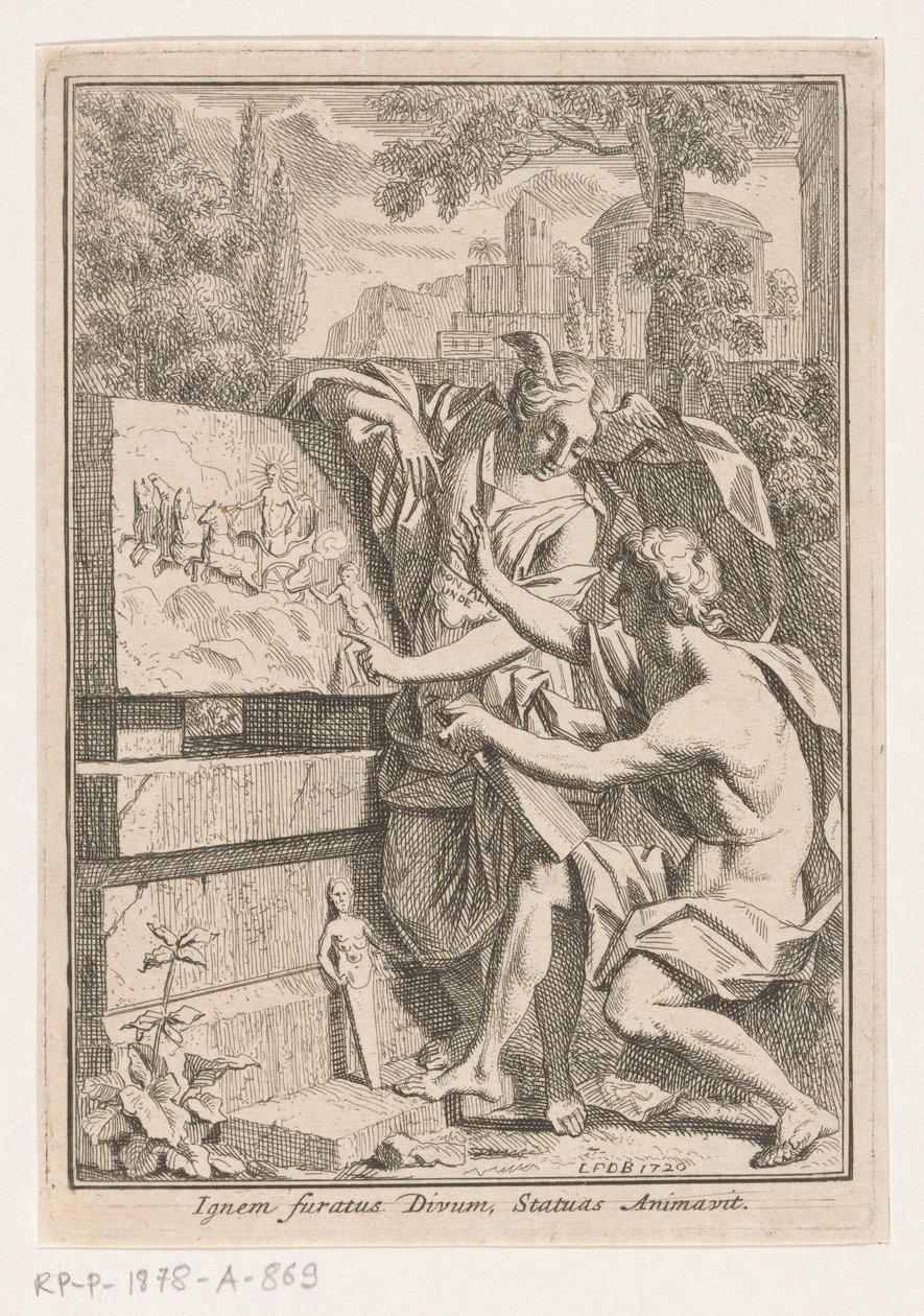 Kafası kanatlı bir kadın genç adama kabartma gösteriyor. by Louis Fabritius Dubourg