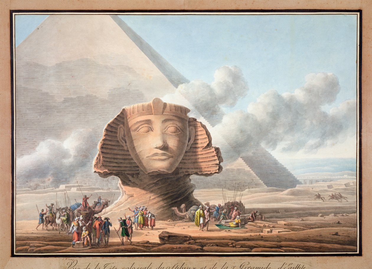 Sfenks başının görünümü ve Khafre Piramidi, Giza, Mısır, c1790 by Louis Francois Cassas